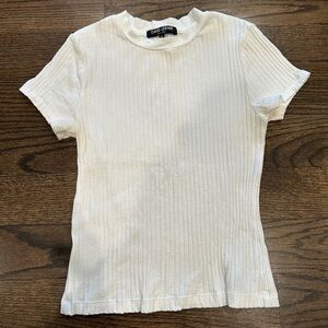 David Lerner Cream Ribbed Short Sleeve Top